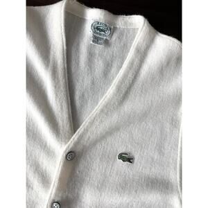Vintage Izod Lacoste Cardigan Sweater Mens Small White Acrylic Made USA V Neck